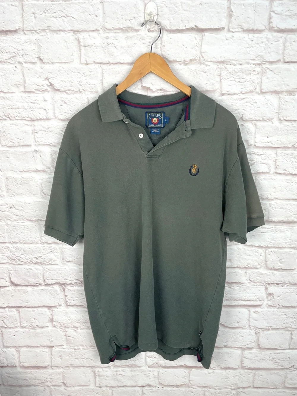 Chaps Ralph Lauren Crest Vintage Gray Polo Shirt Size Large